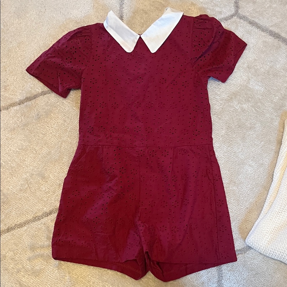 Janie and Jack Burgundy Eyelet Jumpsuit with White Collar